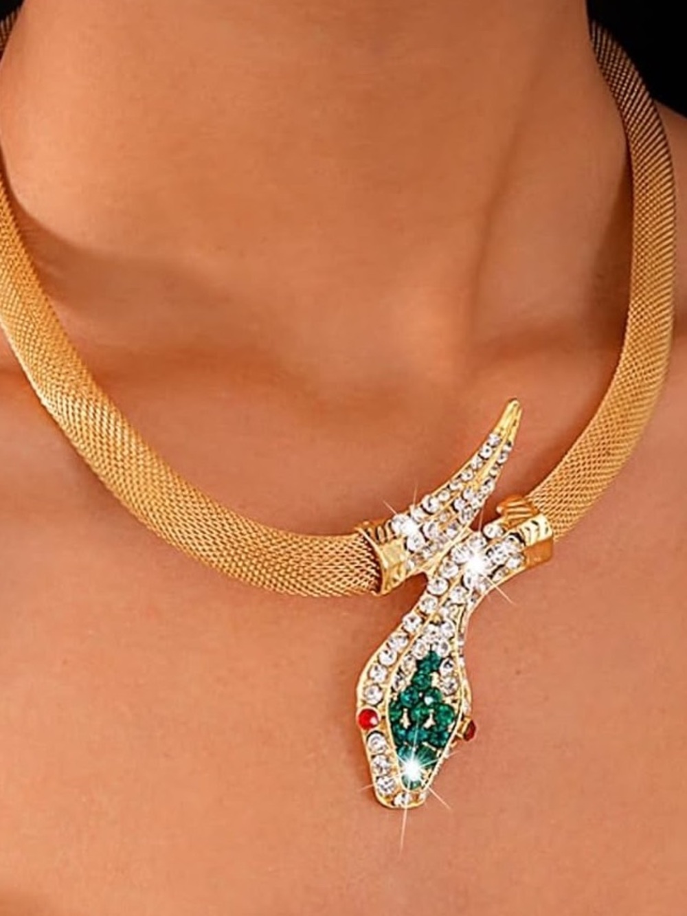 Anthropologie Gold-Tone Snake Necklace with Green & Red Accents - Picture 4 of 8